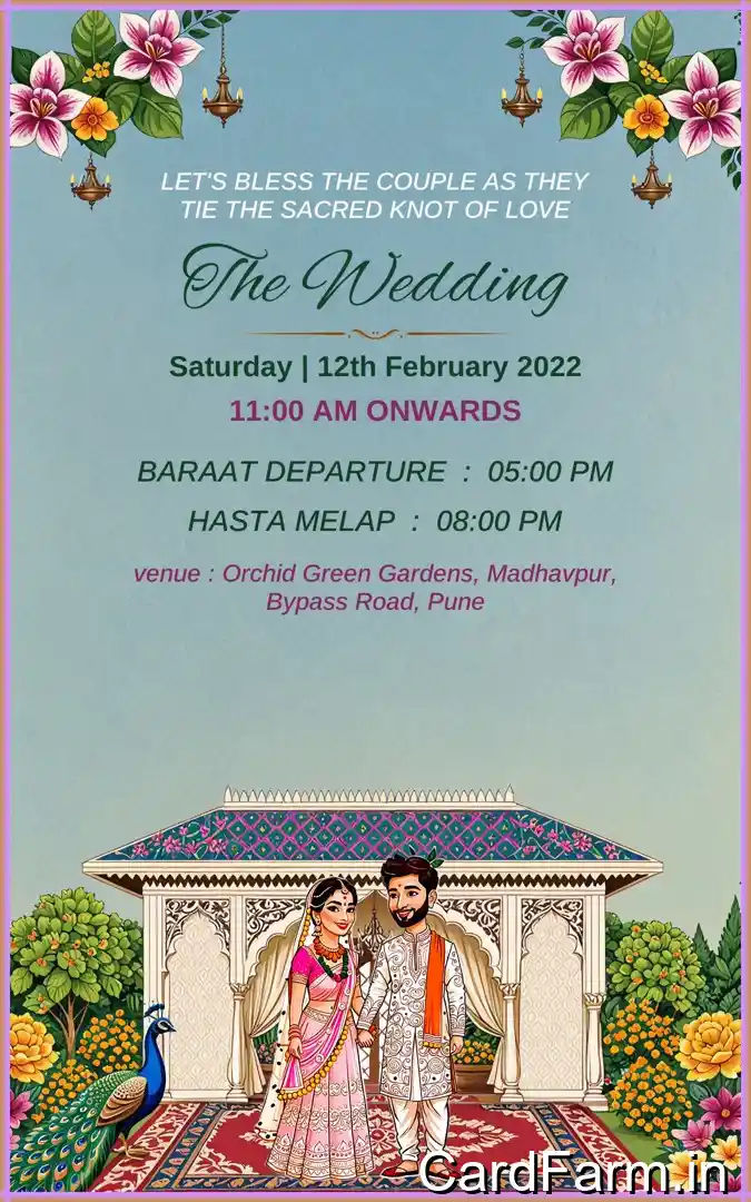 A beautifully designed Indian wedding invitation background with flowers, lights, butterflies on a decorative background in papercut style In a Vibrant style.