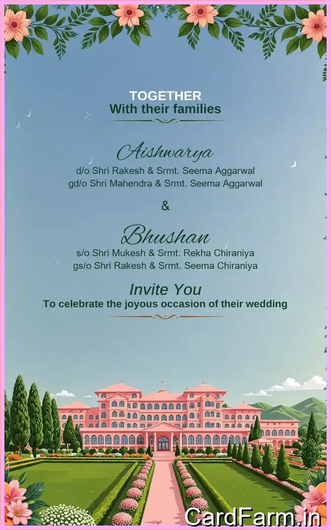 A beautifully designed Indian wedding invitation background with ferns, petals, fountains and decorative background in oilpaint style In a Vibrant style.