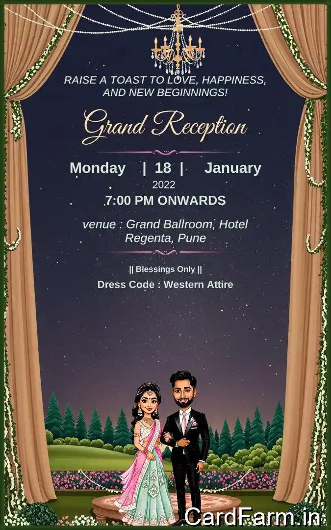 A beautifully designed Indian wedding invitation background in night time with flowers, lights, fountains, mountains on a decorative background in oilpaint style In a Vibrant style.