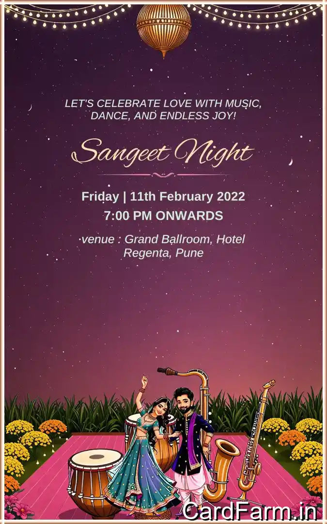 Template ID47673, Indian wedding card depicting caricature of bride and groom on a joyous, beautiful Indian Wedding scenery.