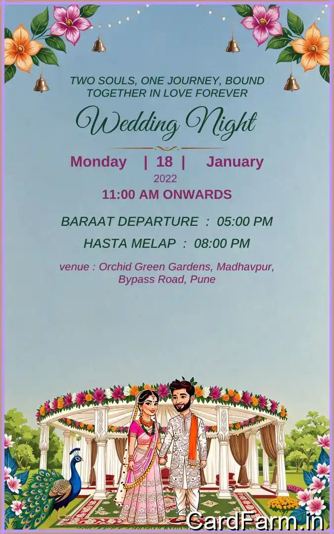 A beautifully designed Indian wedding invitation background with flowers, lights, butterflies on a decorative background in oilpaint style In a Vibrant style.