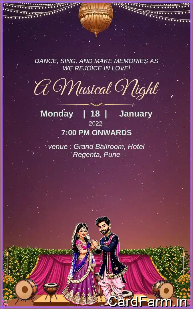 Template ID90318, Indian wedding card depicting caricature of bride and groom on a joyous, beautiful Indian Wedding scenery.