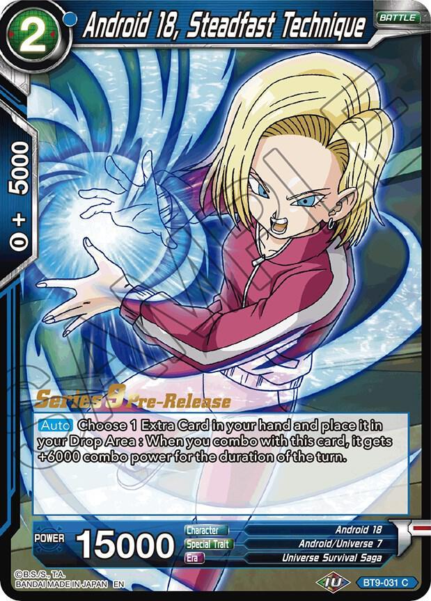 Android 18, Steadfast Technique — Universal Onslaught Pre-Release Cards — Dragon Ball Super: Masters