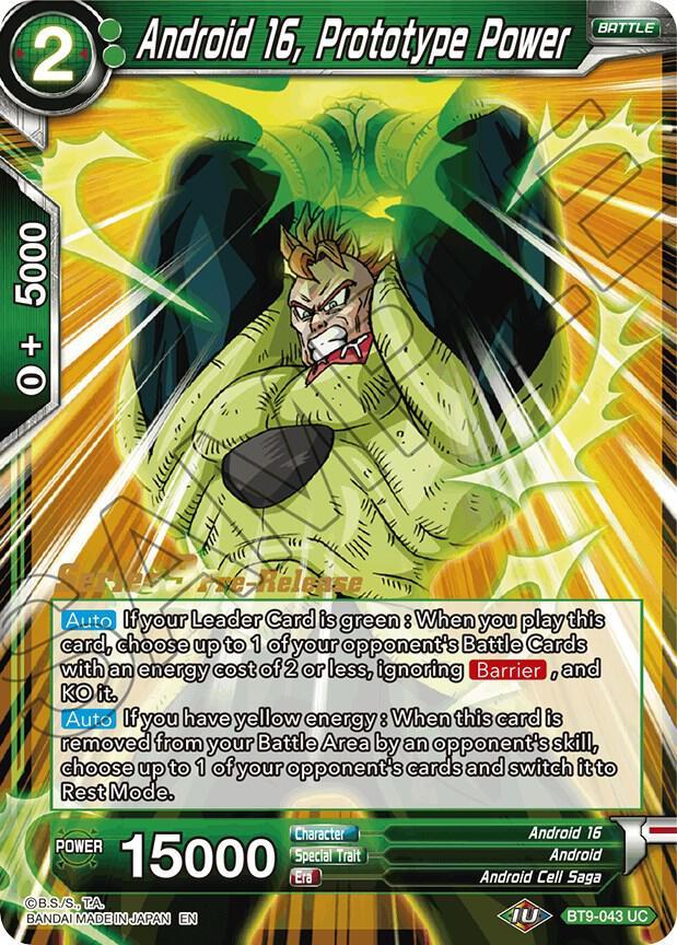 Android 16, Prototype Power from Universal Onslaught Pre-Release Cards - Dragon Ball Super: Masters