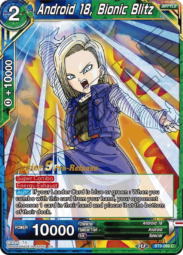 Android 18, Bionic Blitz — Universal Onslaught Pre-Release Cards — Dragon Ball Super: Masters