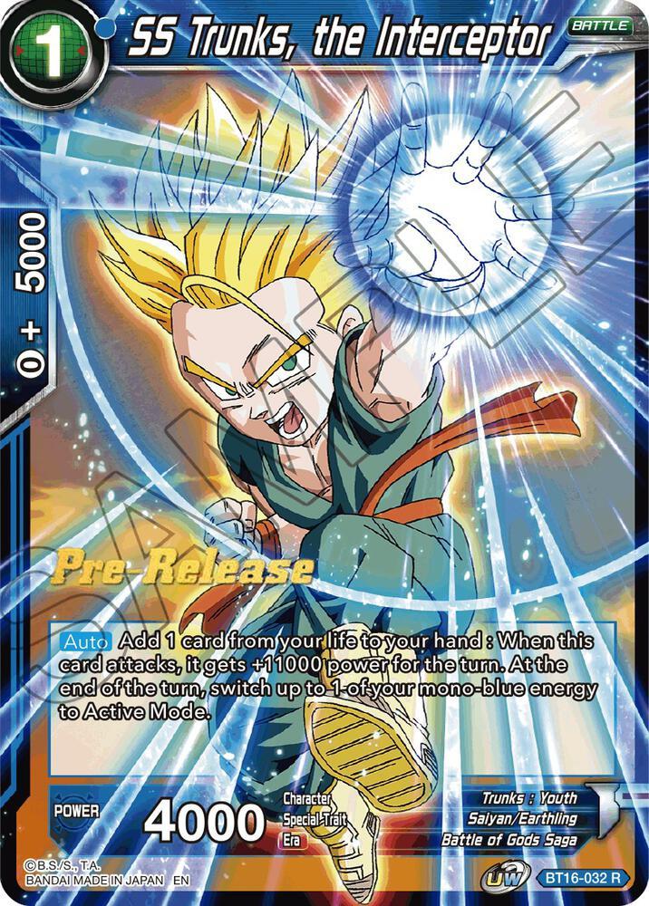 SS Trunks, the Interceptor from Realm of the Gods Pre-Release Cards - Dragon Ball Super: Masters