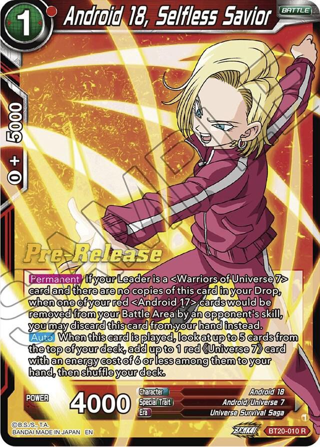 Android 18, Selfless Savior — Power Absorbed Pre-Release Cards — Dragon Ball Super: Masters