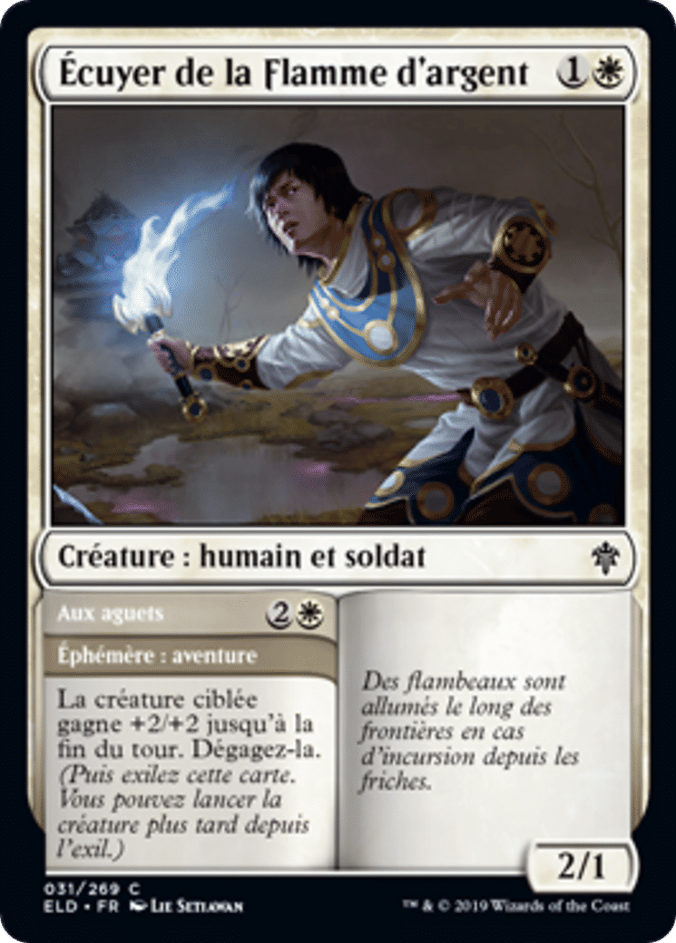 Écuyer de la Flamme d'argent // Aux aguets — Throne of Eldraine — Magic: The Gathering