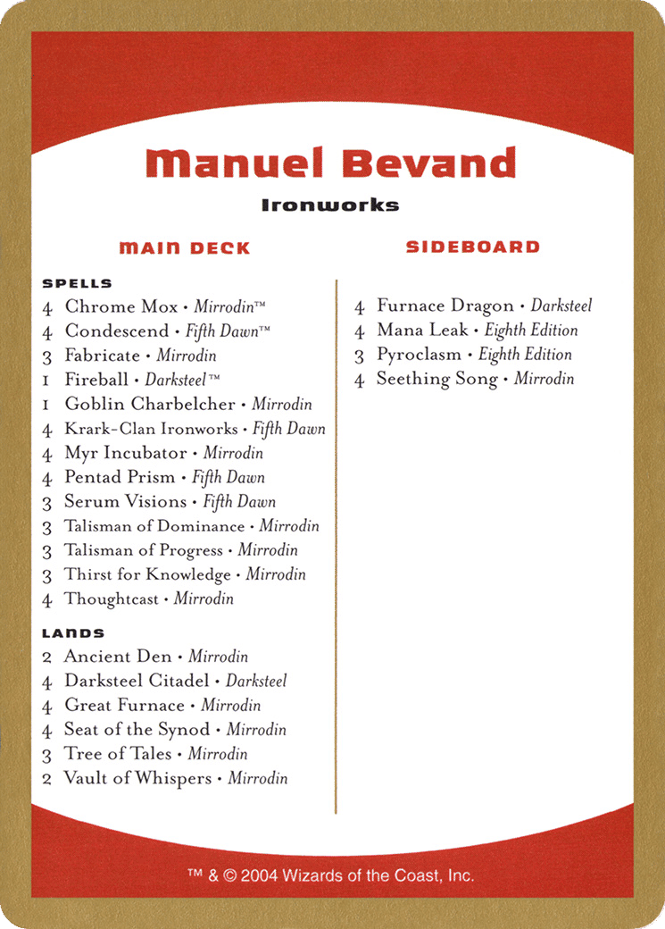 Manuel Bevand Decklist — World Championship Decks 2004 — Magic: The Gathering