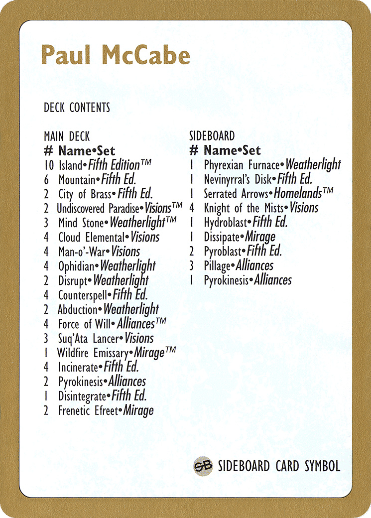 Paul McCabe Decklist — World Championship Decks 1997 — Magic: The Gathering