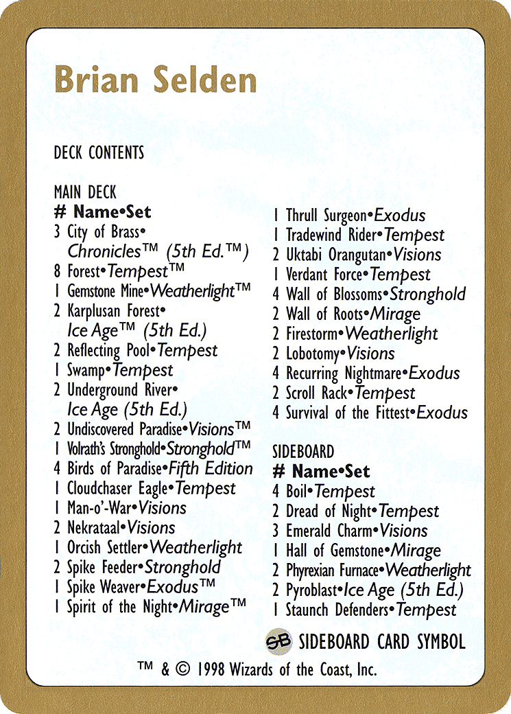 Brian Selden Decklist — World Championship Decks 1998 — Magic: The Gathering