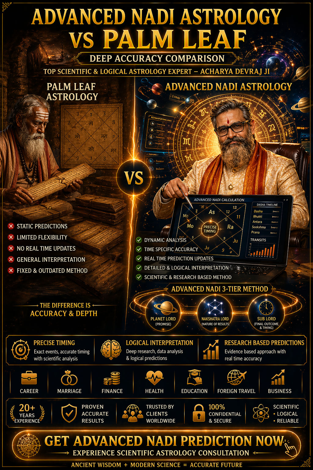 Advanced Nadi Astrology Calculation vs Palm Leaf — Deep Comparison by Acharya Devraj Ji, Top Scientific & Logical Accuracy Expert in India
