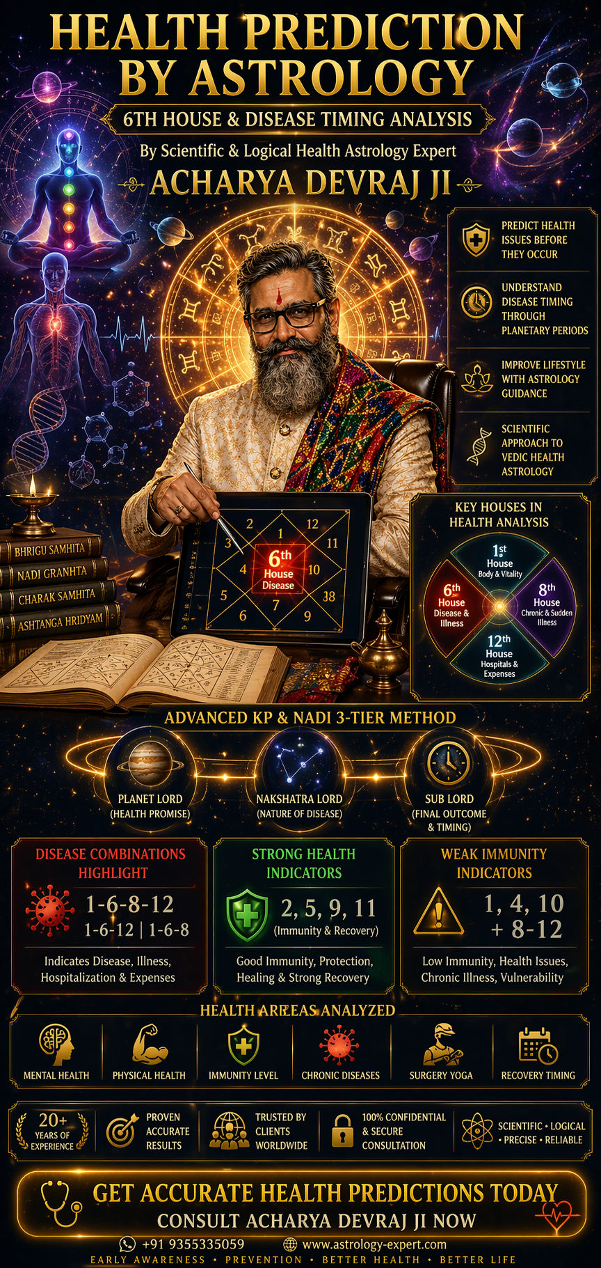 Astrology-based health prediction guidance expert Acharya Devraj Ji — scientific 6th house and disease timing analysis with five-method integration