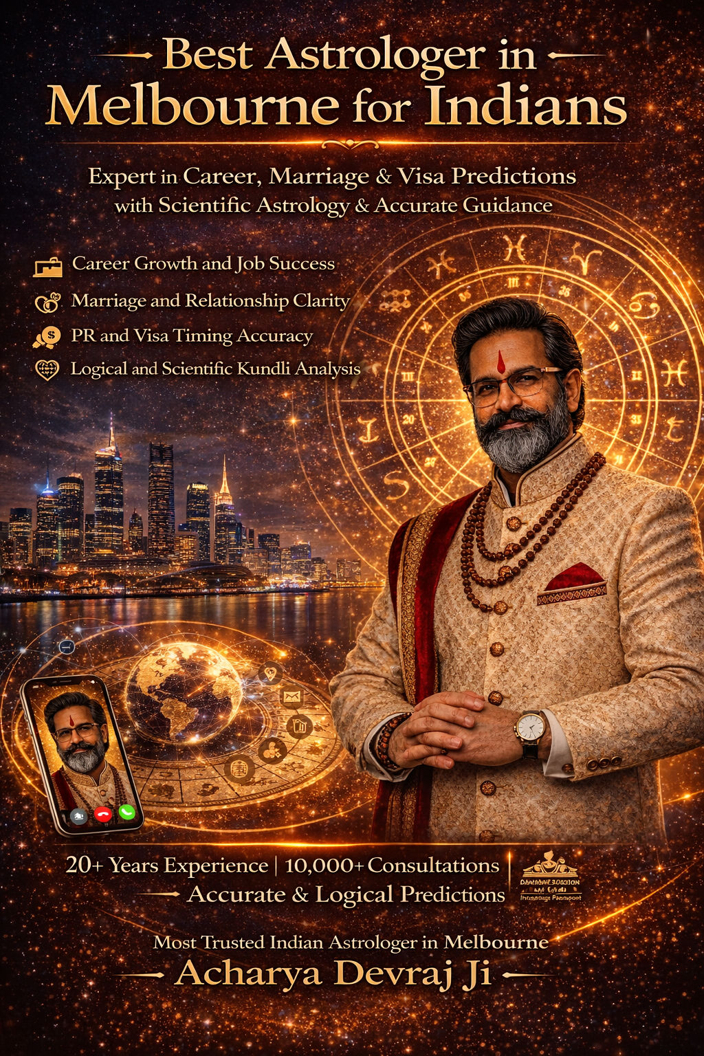 Acharya Devraj Ji — Best Indian Astrologer in Melbourne providing accurate Vedic, Nadi, and KP astrology consultations online for career, marriage, and visa predictions