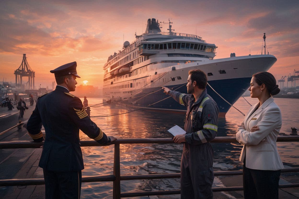 A beautiful cruise ship on the ocean at sunset.