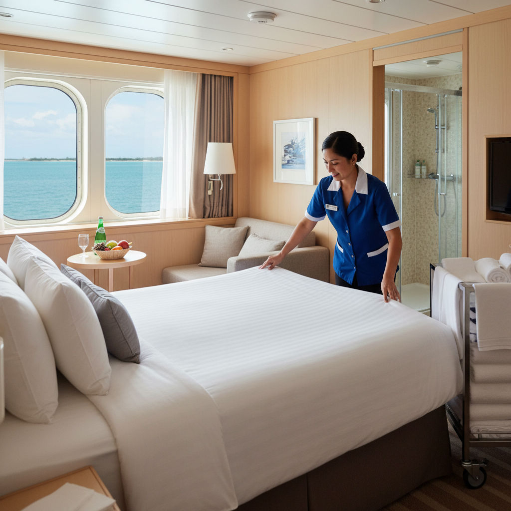 A housekeeping staff member cleaning a guest room.
