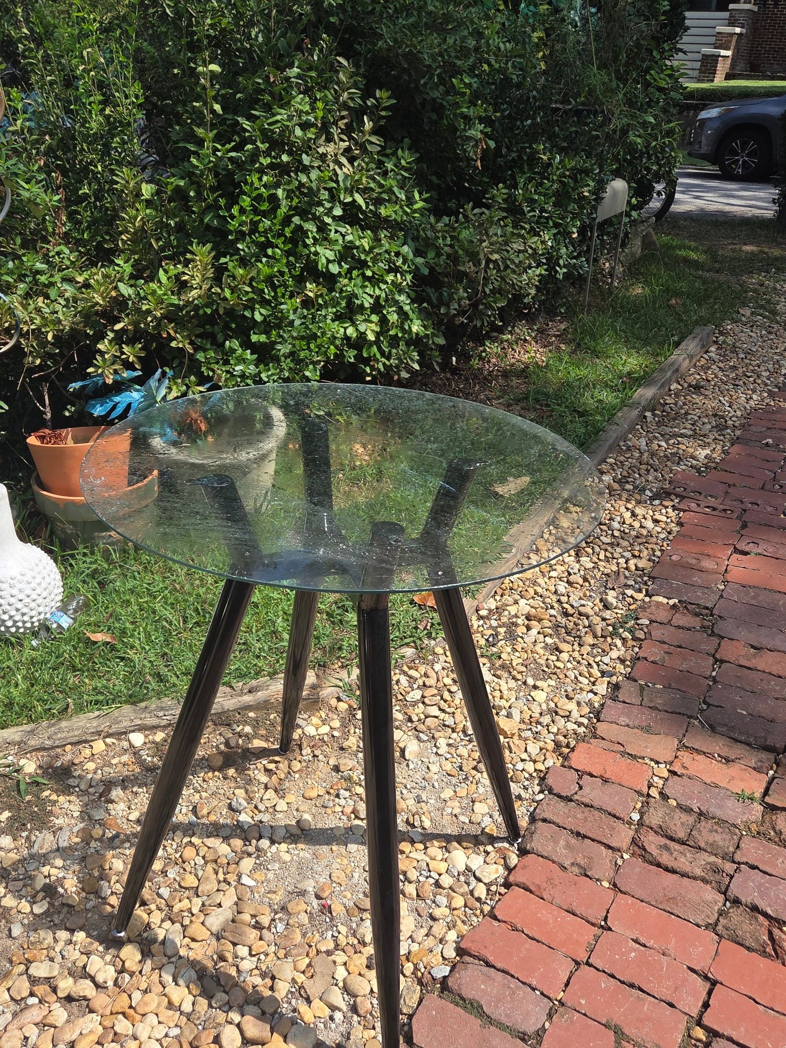 Glass Round 34inch $39 Top Side Table Black Metal Base 36 inch base $49 — photo 1