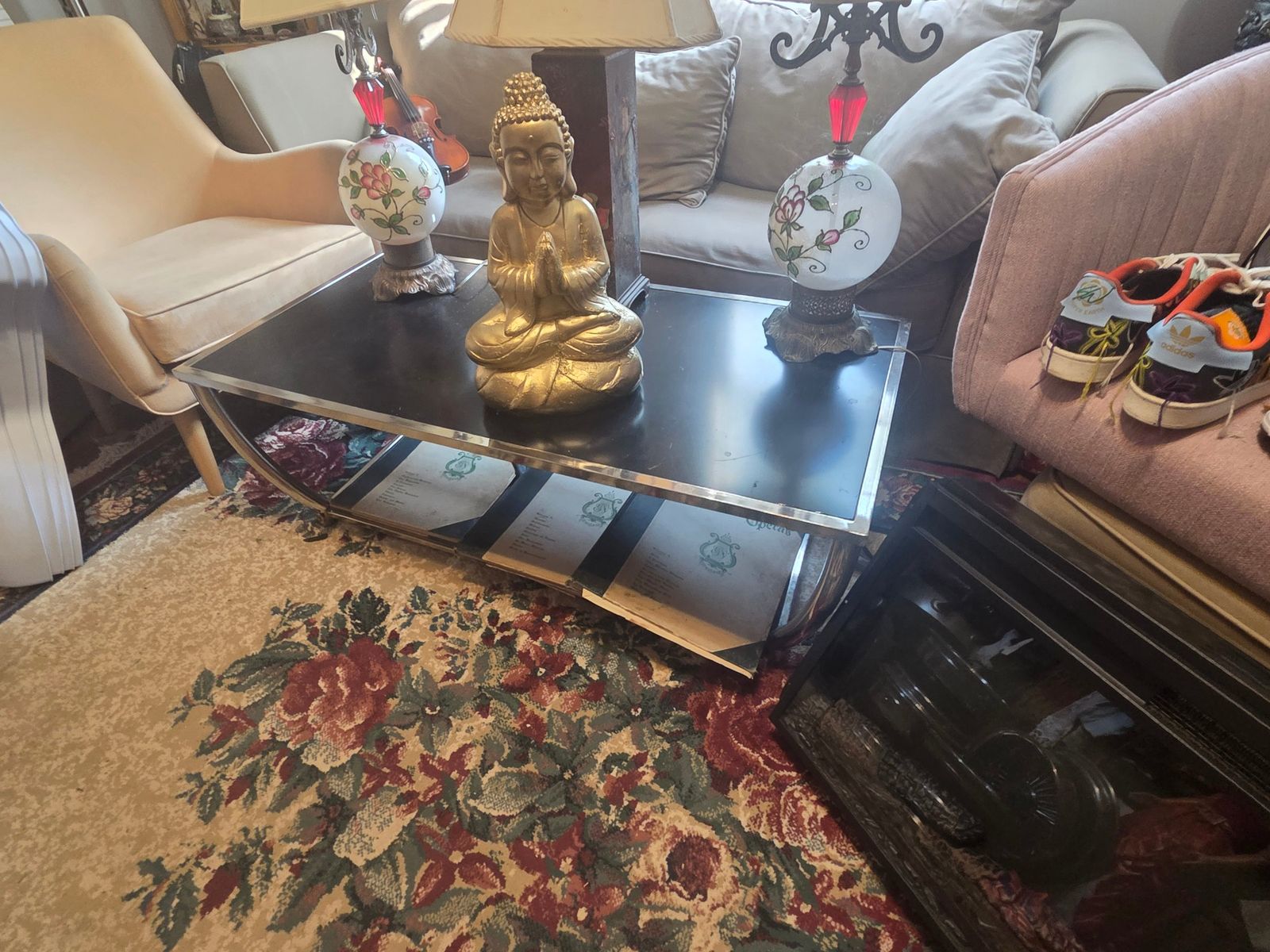 Coffee table Chrome and Black Coffee Table 48 x 24 n 18 inch tall.$65 Lamps budha 85 eac — photo 5