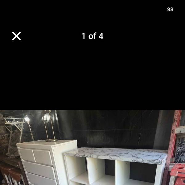 Cube shelf 9 faux marble distressed $48. White 5-Drawer Dresser sturdy good drawers $85