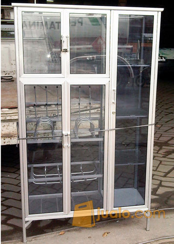 Rak Piring Aluminium 3 Pintu Frame Putih / Coklat Kaca Riben 95-159