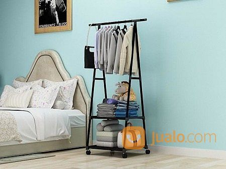 Triangle Stand Hanger Rak Serbaguna Multifungsi Pakaian Buku Tas Standing Rack Segitiga Empat Roda