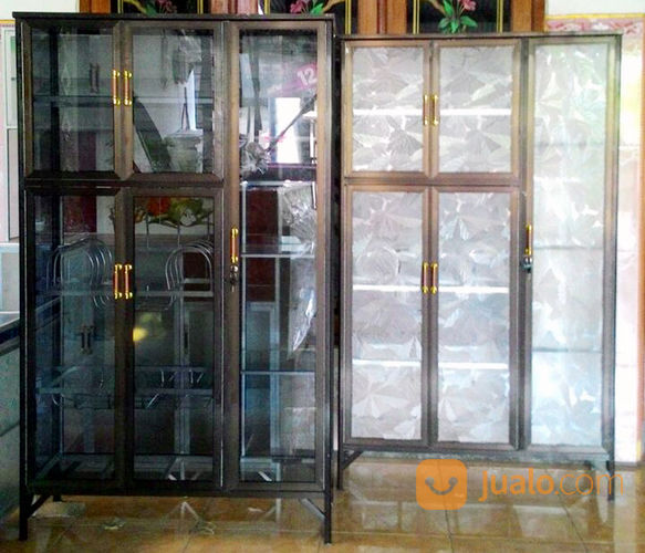 Rak Piring Aluminium 3 Pintu Frame Putih / Coklat Kaca Riben 95-159