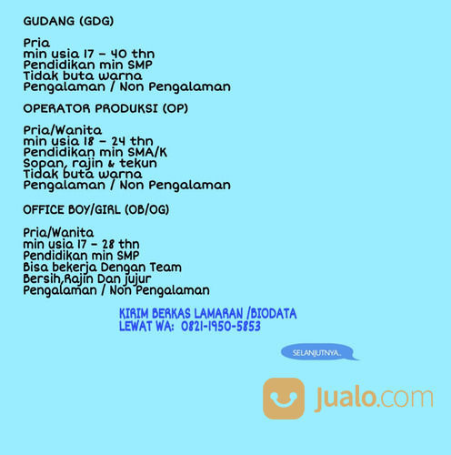 Lowongan Staff Admin Gudang Lulusan Sma Smk Daerah Jakarta 2020 Jakarta Barat Jualo