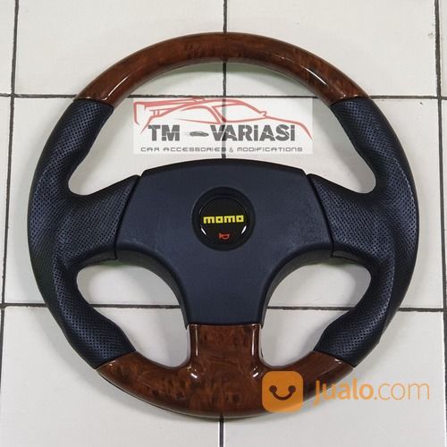 Stir Racing Import Momo 14 Inchi Hitam Kombinasi Wood Coklat