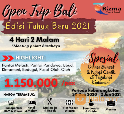 OPEN TRIP BALI SPESIAL TAHUN BARU - INAP 2 MALAM HOTEL BINTANG 3 DI SEMINYAK