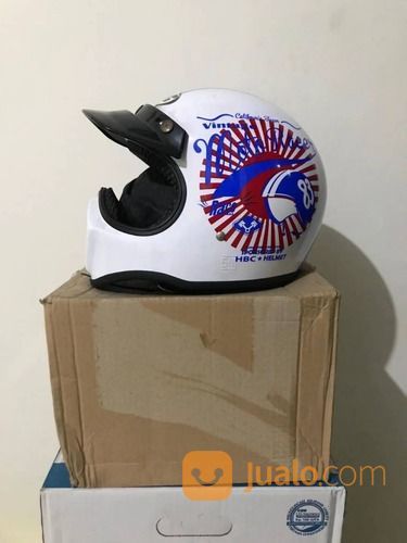 Helm Cakil Murah HBC Terlaris White Red Blue Moto Racer Vintage Race Putih Merah Biru