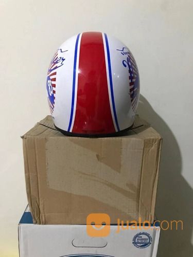 Helm Cakil Murah HBC Terlaris White Red Blue Moto Racer Vintage Race Putih Merah Biru