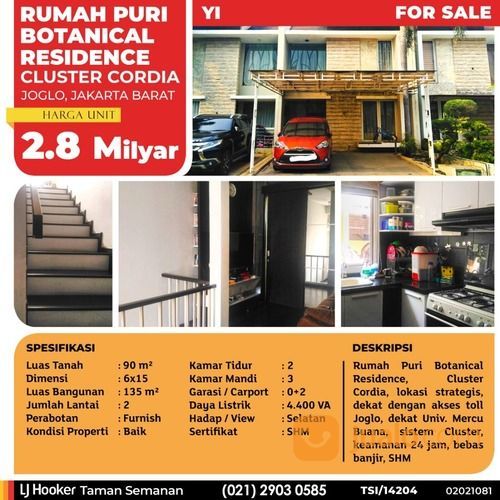 (TSI/14204) Rumah Puri Botanical Residence, Cluster Cordia, Joglo, Jakarta Barat, 6x15 M, 2 Lt, SHM