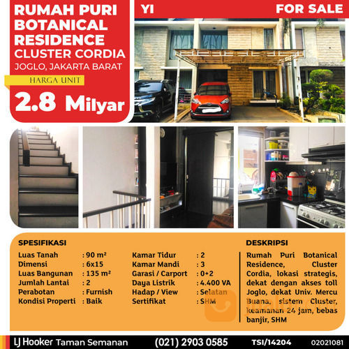 (TSI/14204) Rumah Puri Botanical Residence, Cluster Cordia, Joglo, Jakarta Barat, 6x15 M, 2 Lt, SHM