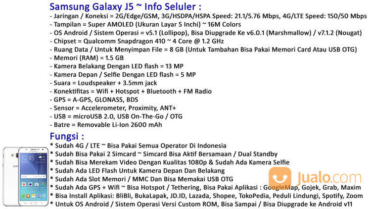 Samsung J5 4G LTE Fullset Lengkap, Mulus, Imei Terdaftar, Resmi, Original