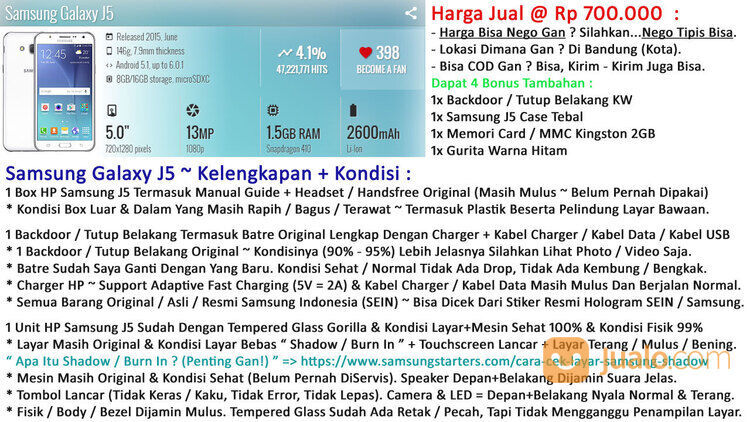 Samsung J5 4G LTE Fullset Lengkap, Mulus, Imei Terdaftar, Resmi, Original