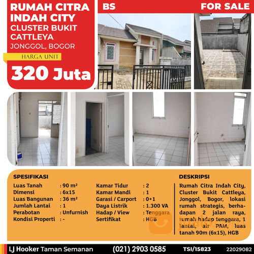 (TSI/15823) Rumah Citra Indah city, Cluster Bukit Cattleya, Jonggol, 6x15 m², 1 Lt, HGB
