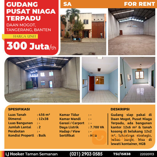 (TSI/15838) Gudang Pusat Niaga Terpadu, Daan Mogot, 12x38 m², 2 Lt, HGB