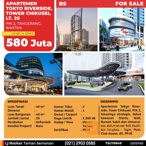 (TSI/15849) Apartemen Tokyo Riverside, Tower Chikusei, PIK 2, 40 m², Lt. 26, PPJB