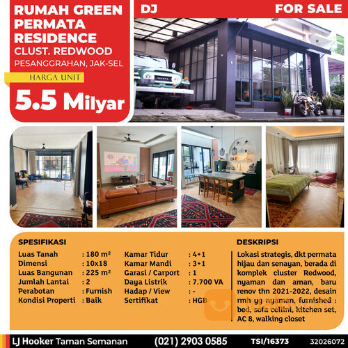 Rumah Green Permata Residence, Cluster Redwood, Pesanggrahan, 10x18 m², 2 Lt, HGB (TSI/16373)