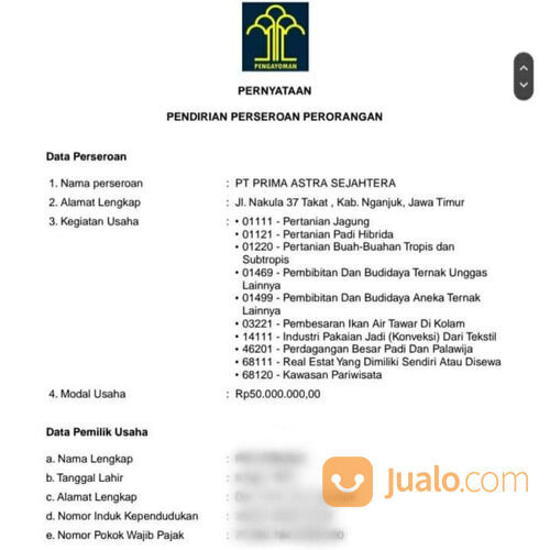 Jasa Pembuatan PT Perorangan Banjarbaru 08127960316