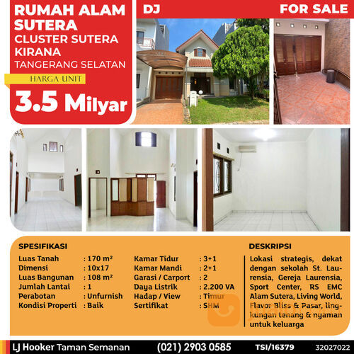 Rumah Alam Sutera, Cluster Sutera Kirana, Tangerang Selatan, 10x17 m², 1 Lt, SHM (TSI/16379)
