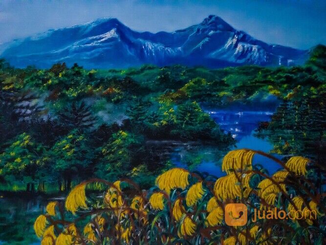 Lukisan kanvas pemandangan gunung dan pohon