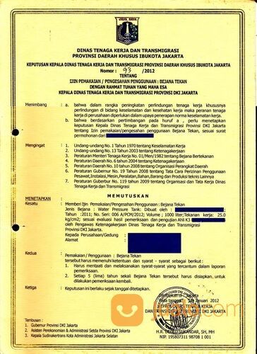 Jasa Penerbitan Surat Izin Layak Operasi Bejana Tekan Disnaker