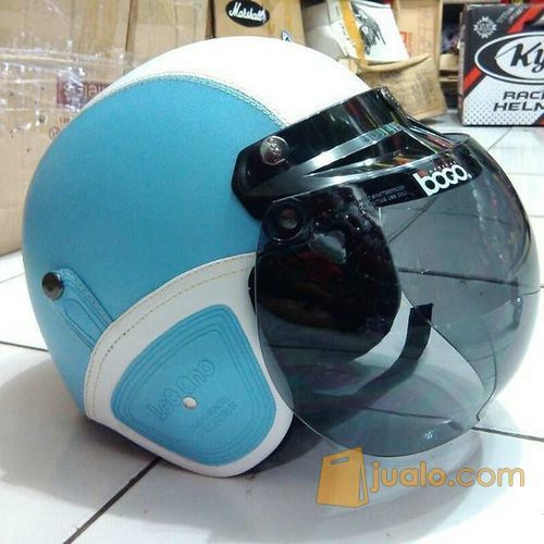 Helm Bogo Retro Klasik Biru  Muda Putih Kaca Bogo Original 