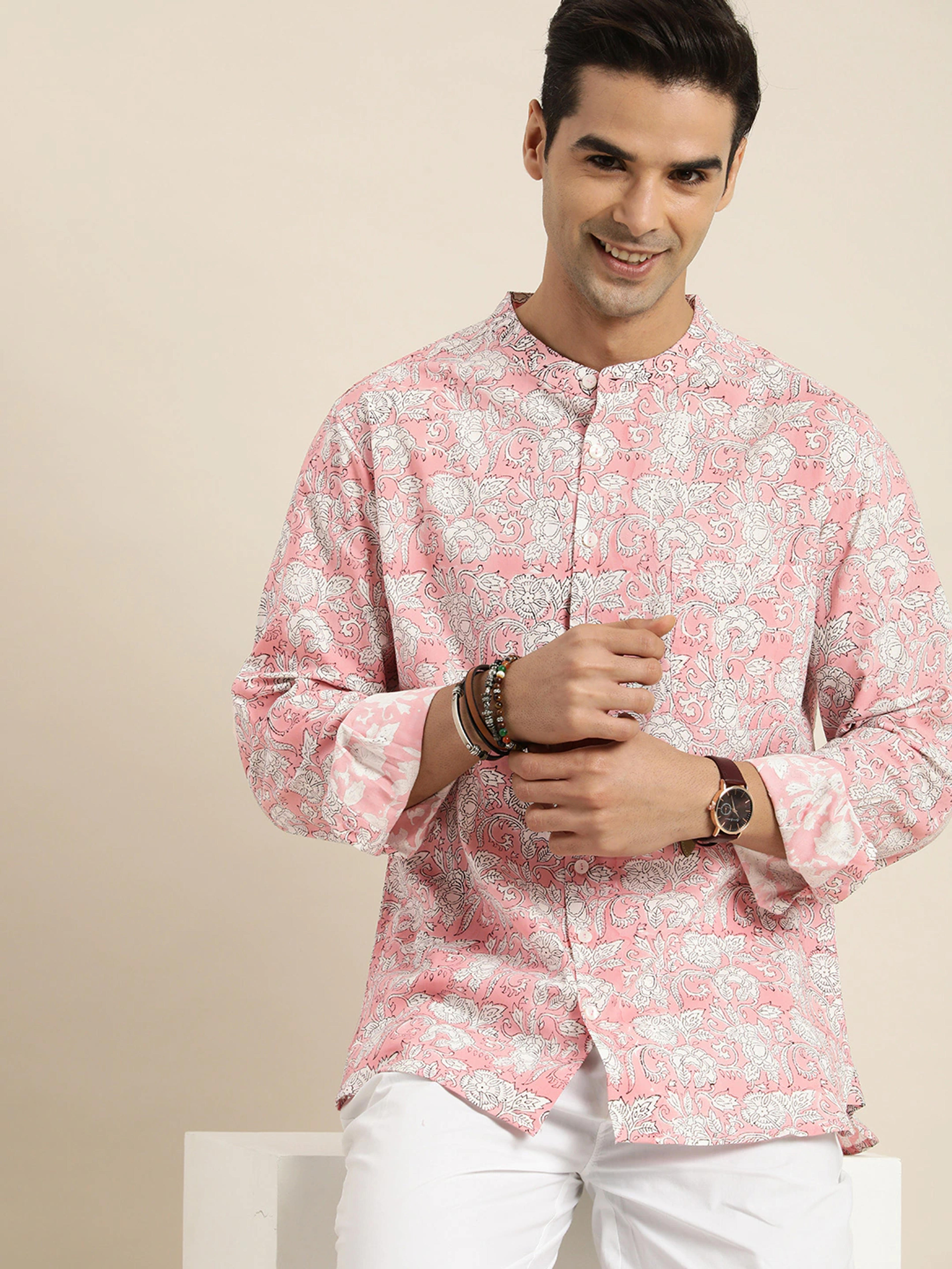 Taavi Men Pink & White Sanganeri Handblock Print Pure Cotton Casual Shirt