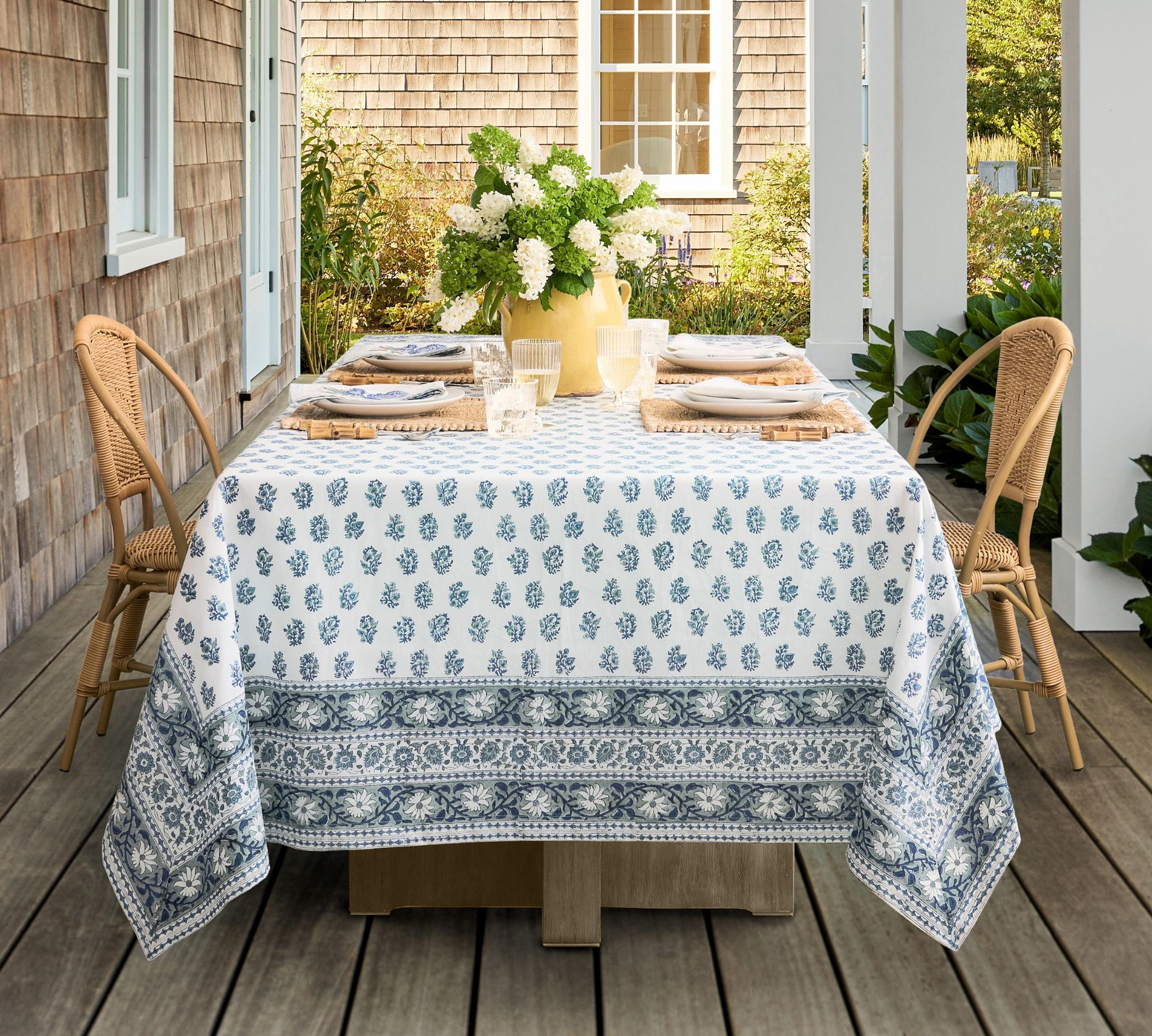 Sophia Block Print Oilcloth Outdoor Tablecloth | Pottery Barn