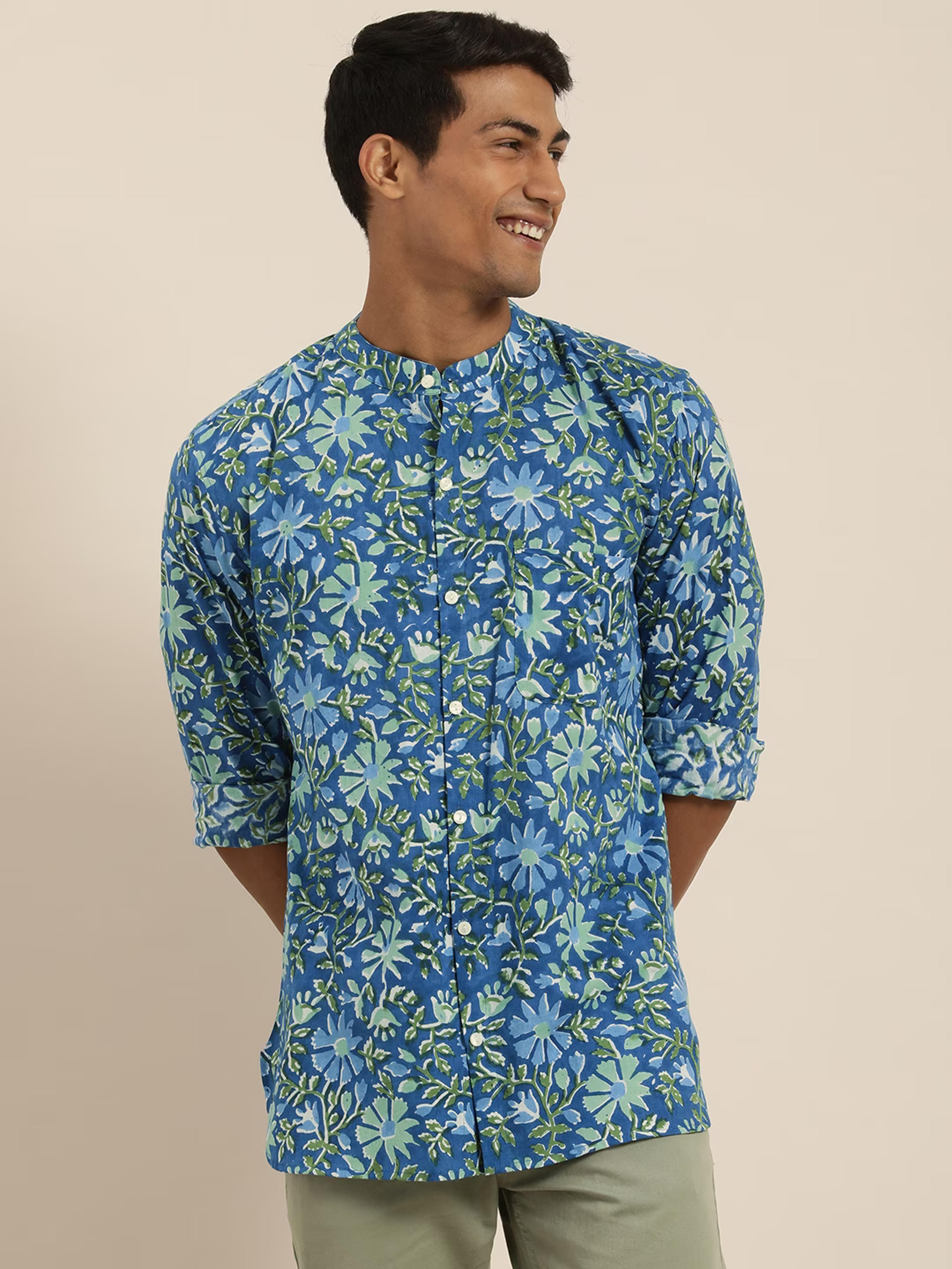 Taavi Men Navy Blue & Green Hand Block Printed Cotton Casual Shirt