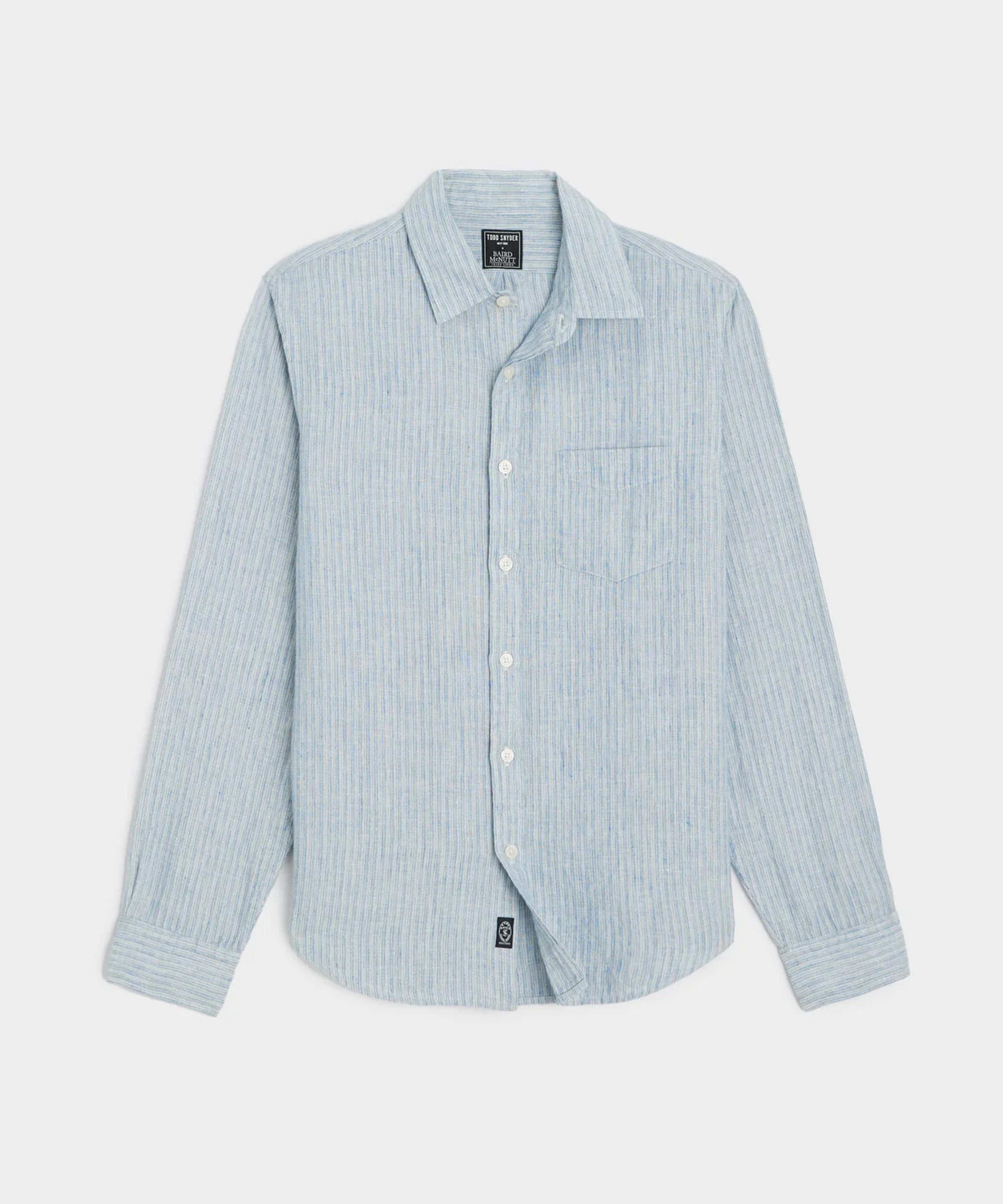 Slim Fit Sea Soft Irish Linen Shirt in Blue Pencil Stripe