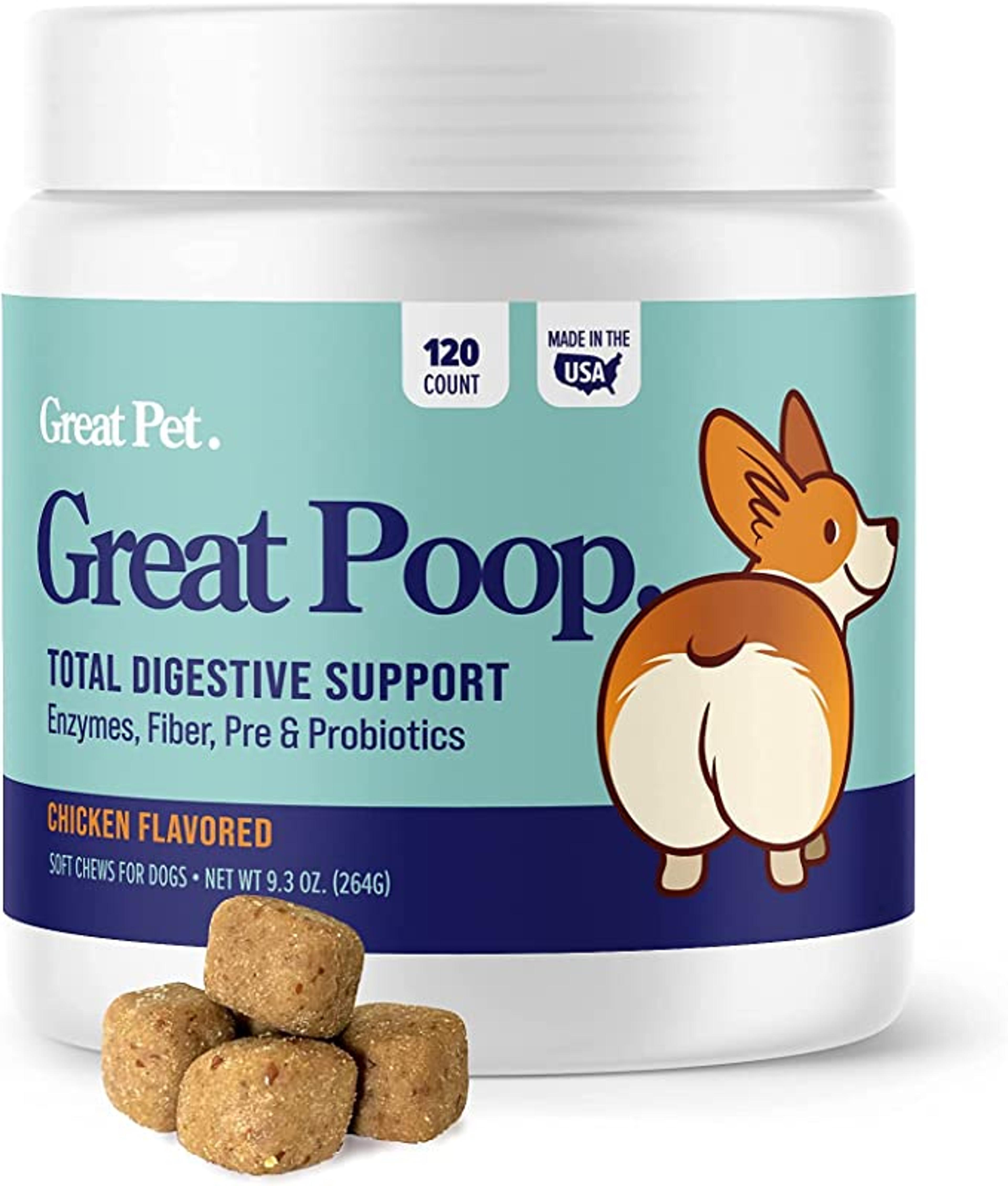 Amazon.com : Great Poop Probiotics for Dogs - A Fiber for Dogs Supplement with Dog Probiotics and Digestive Enzymes for a Healthy Gut, Firm Stool & Diarrhea Relief - Chicken Flavored Pet Soft Chews with Prebiotics : Pet Supplies
