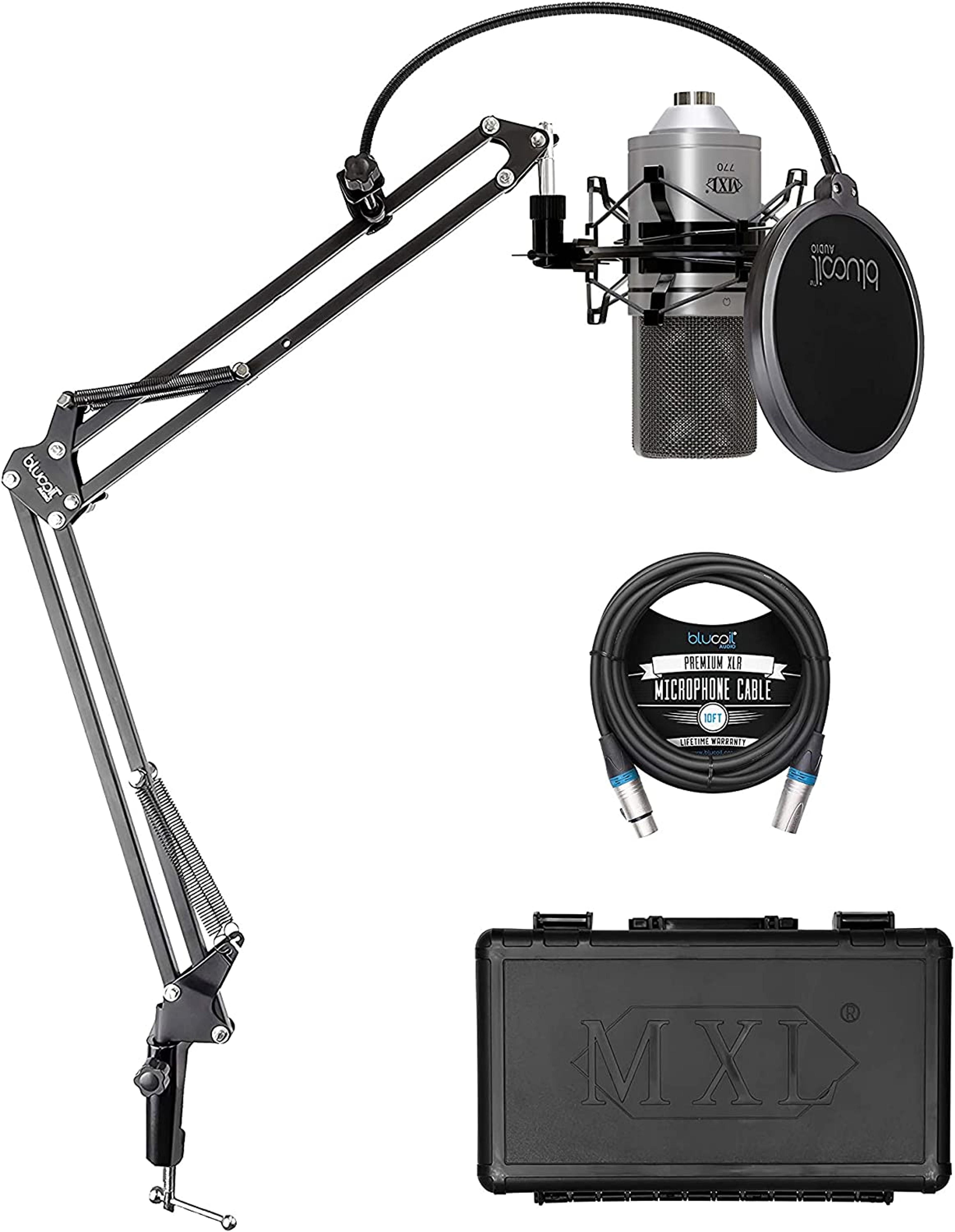 blucoil MXL 770 Cardioid Condenser Microphone for Piano, Guitar, String Instruments, and Vocal Recording (Silver) Bundle Boom Arm Plus Pop Filter, and 10-FT Balanced XLR Cable : Amazon.com.au: Musical Instruments